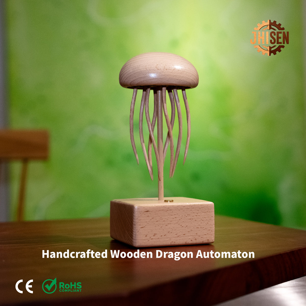 JHISEN Handcrafted Wooden Jellyfish Automaton | Kinetic Desk Sculpture