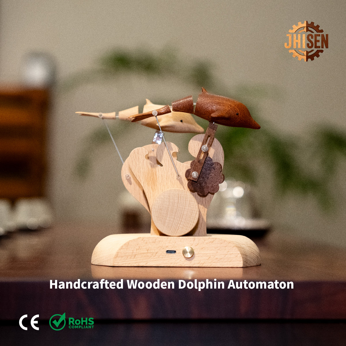 JHISEN Handcrafted Wooden Dolphin Automaton | Kinetic Desk Sculpture