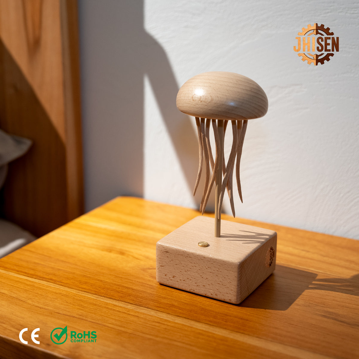 JHISEN Handcrafted Wooden Jellyfish Automaton | Kinetic Desk Sculpture