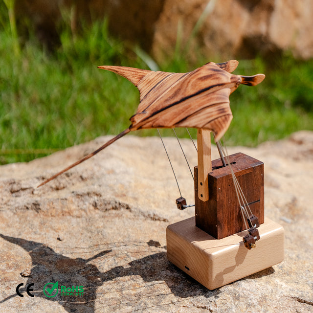 JHISEN Handcrafted Wooden Manta Ray Automaton | Kinetic Desk Sculpture