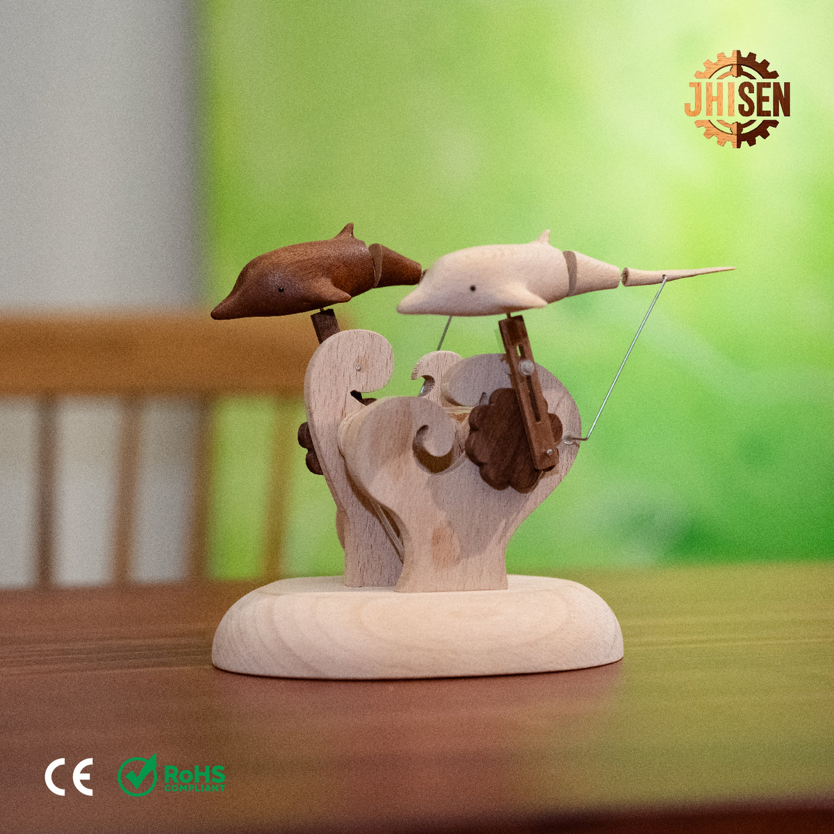 JHISEN Handcrafted Wooden Dolphin Automaton | Kinetic Desk Sculpture