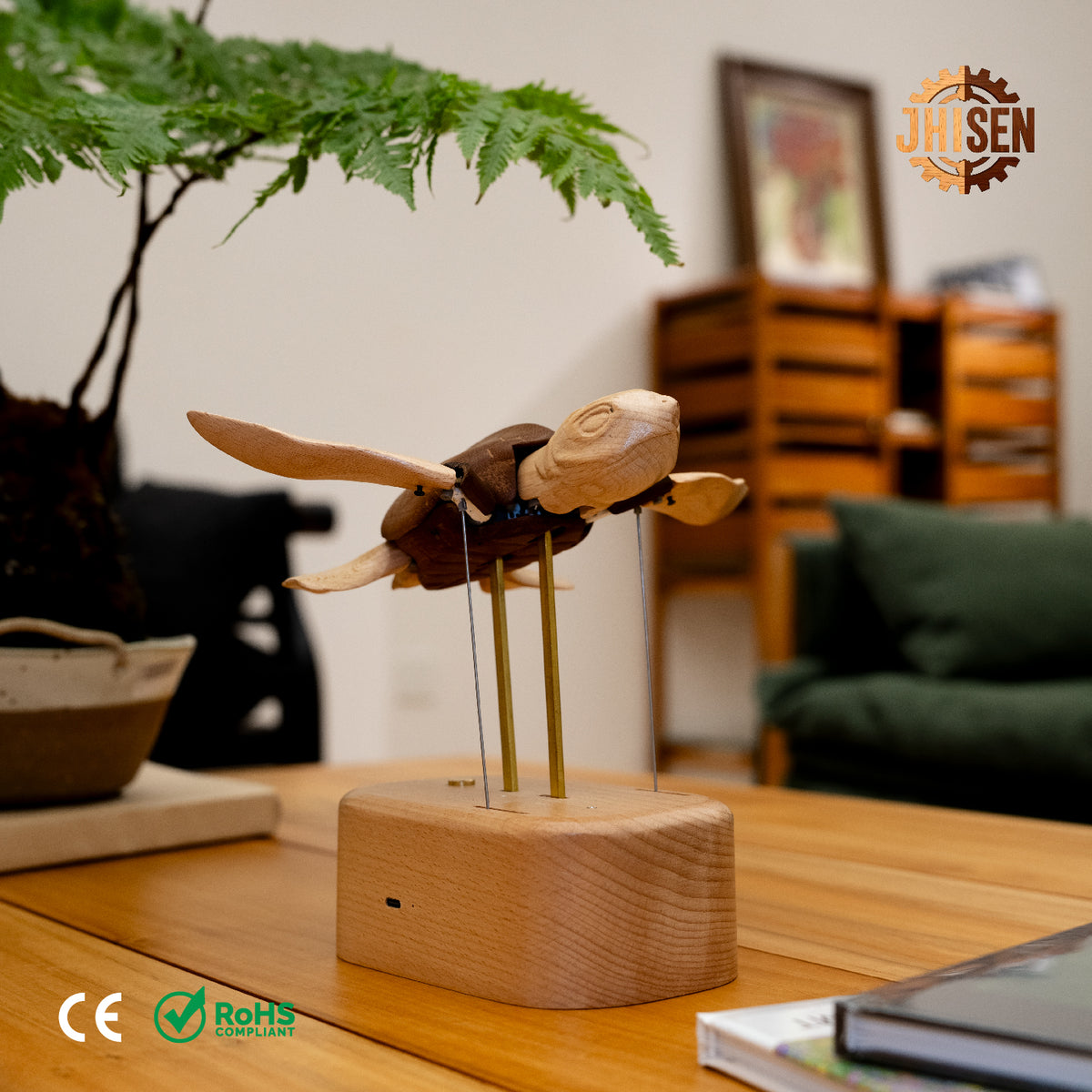 JHISEN Handcrafted Wooden Sea Turtle Automaton | Kinetic Desk Sculpture