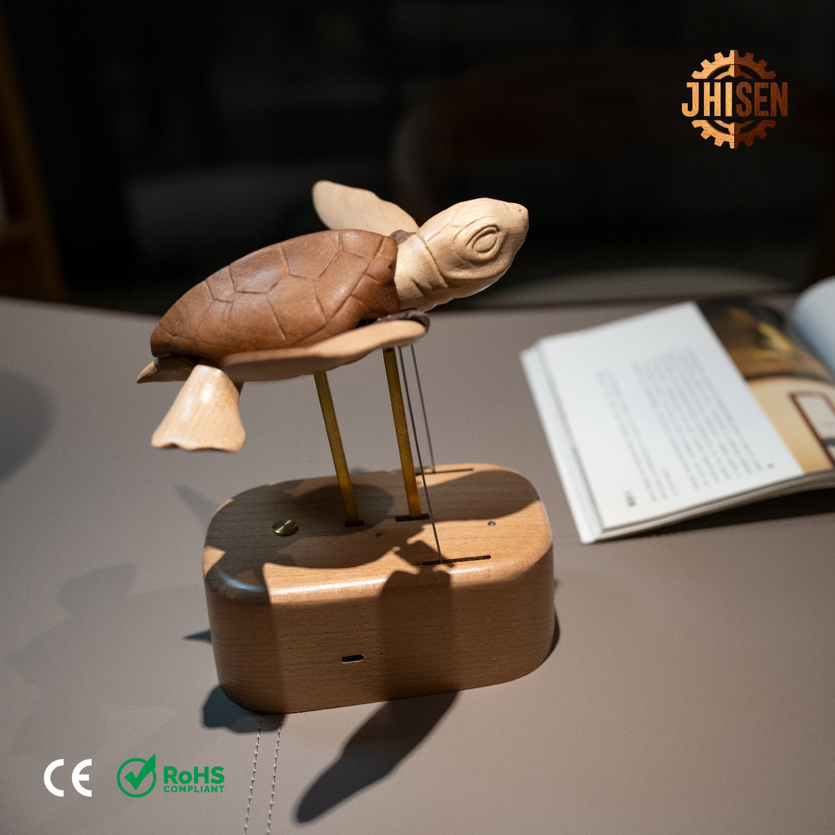 JHISEN Handcrafted Wooden Sea Turtle Automaton | Kinetic Desk Sculpture