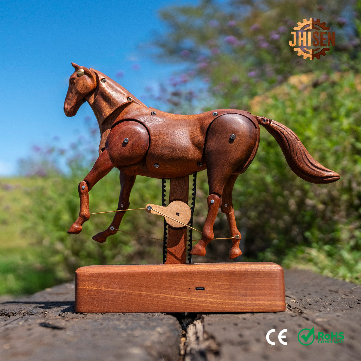 JHISEN Handcrafted Wooden Horse Automaton | Kinetic Desk Sculpture