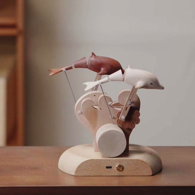 JHISEN Handcrafted Wooden Dolphin Automaton | Kinetic Desk Sculpture